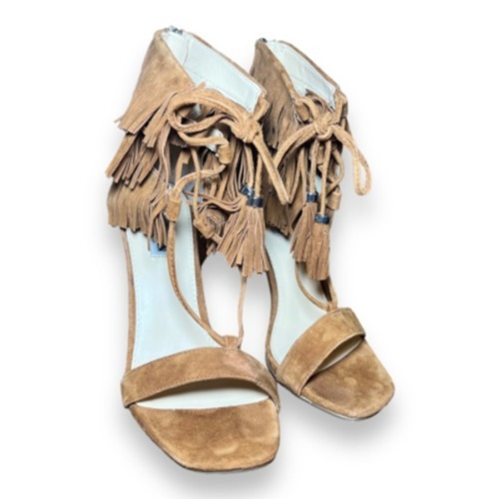 Steve Madden Womens Shay Sandal High Heel Shoes Brown Suede Fringe Tassel Zip 8M